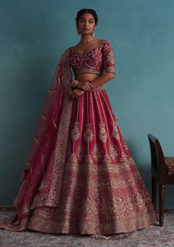 Tomato Red Embroidered 16 Kali Bridal Lehenga In Raw Silk With Floral Hand Embroidery