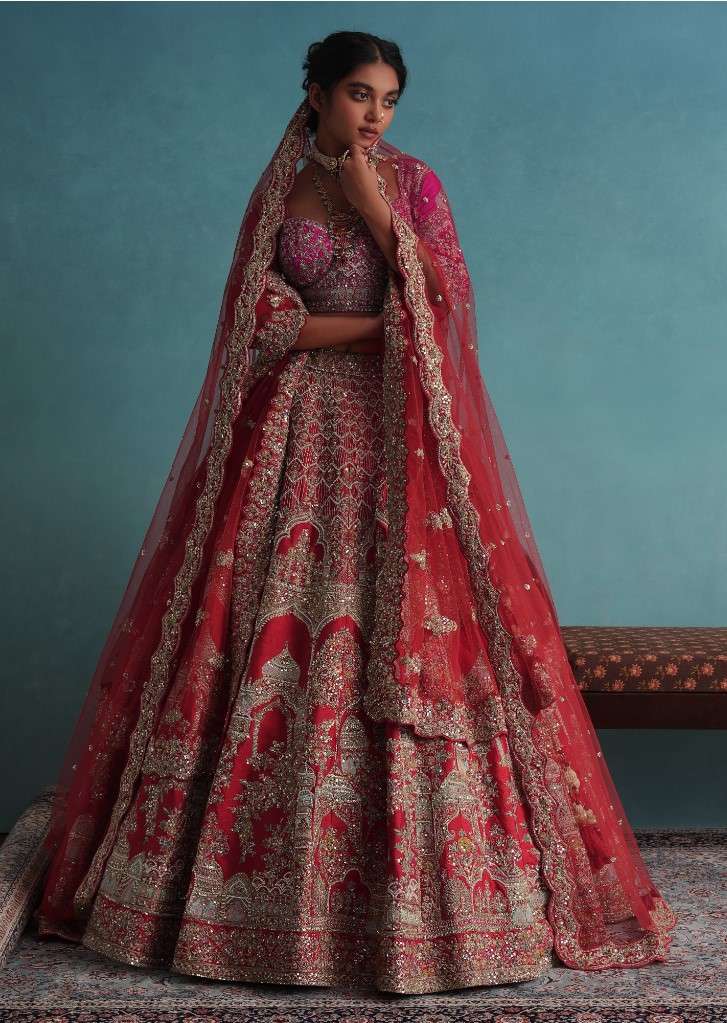 Tomato Red Embroidered 12 Kali Bridal Lehenga In Raw Silk With Cherry Pink Blouse And Veil Dupatta