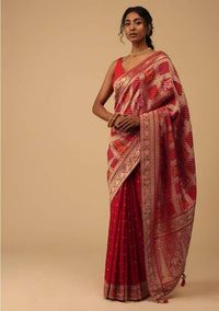 Carmine Red Dola Silk Banarasi Saree With Bandhani Waeve