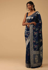 Persian Blue Dola Silk Saree With Multi Colour Floral Jaal Embroidery