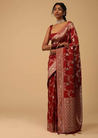 Scarlet Red Dola Silk Saree With Silver And Gold Jaal Pattern