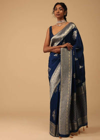 Indigo Blue Saree In Dola Silk With Embroidered Floral Buttas