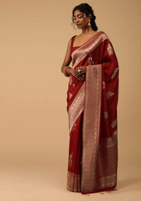 Brick Red Saree In Dola Silk With Embroidered Floral Buttas