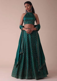 Deep Green Swarovski Embellished Lehenga In Wrinkle Satin