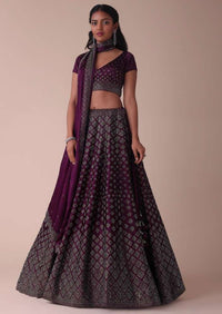 Plum Purple Swarovski Embellished Lehenga In Wrinkle Satin