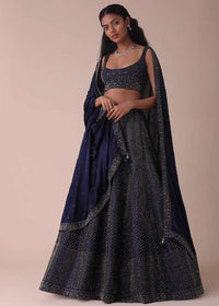 Navy Blue Wrinkle Satin Lehenga With Swarovski Crystals