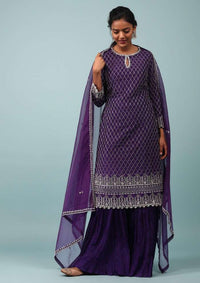 Royal Purple Embroidered Sharara Suit In Cotton Silk