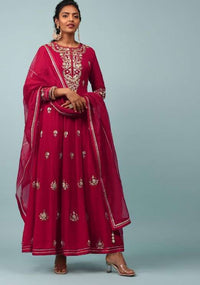 Scarlet Red Embroidered Anarkali Suit Set In Georgette