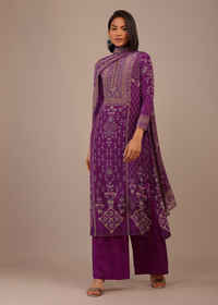 Burgundy Purple Printed Palazzo Suit With Stonework In Crepe