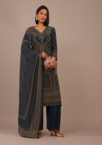 Midnight Blue Printed Palazzo Suit With Stonework In Crepe