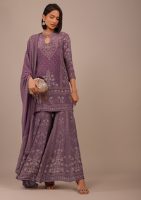 Mauve Purple Printed Sharara Suit With Stonework In Crepe