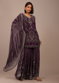 Wine Purple Printed Sharara Suit With Stonework In Crepe