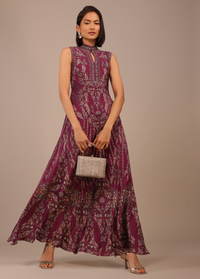 Grape Purple Printed Anarkali Kurti With Stonework In Crepe