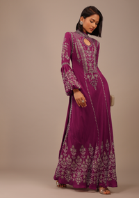 Plum Purple Printed Anarkali Kurti With Stone Work In Crepe