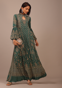 Deep Green Printed Anarkali Kurti With Stone Work In Crepe