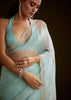 Sea Green Crush Tissue Saree With Stone And Moti Embroidery And Scallop Border