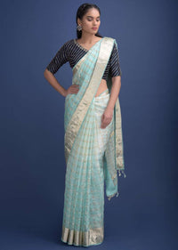 Sea Foam Blue Saree In Chanderi Silk With Weaved Golden Checks Online - Kalki Fashion