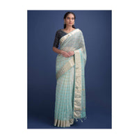 Sea Foam Blue Saree In Chanderi Silk With Weaved Golden Checks Online - Kalki Fashion