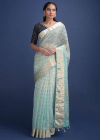 Sea Foam Blue Saree In Chanderi Silk With Weaved Golden Checks Online - Kalki Fashion