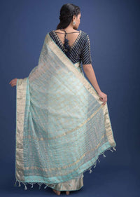 Sea Foam Blue Saree In Chanderi Silk With Weaved Golden Checks Online - Kalki Fashion