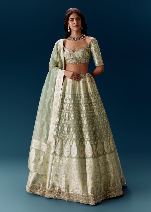 Sea Green Banarasi Embroidered Bridal Lehenga With Dupatta