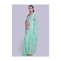 Sea green dola silk saree in silver and golden weaved butti only on Kalki