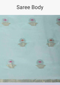 Sea green dola silk saree in silver and golden weaved butti only on Kalki