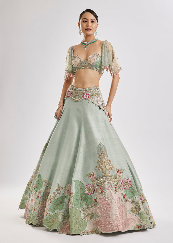 Sea Green Embroidered Lehenga Set With Cape