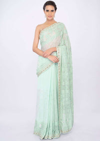 Sea green georgette saree in lucknowi embroidery only on kalki