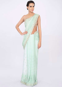 Sea green georgette saree in lucknowi embroidery only on kalki