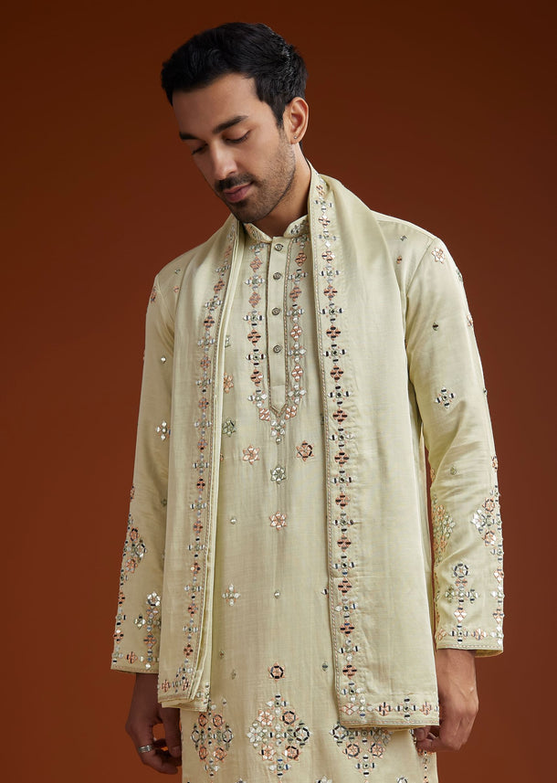 Sea Green Mirrorwork Kurta Jacket Set With Dupatta
