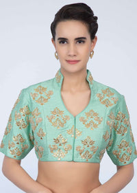 Sea Green Blouse In Raw Silk With Embroidered Butti In Floral And Bird Motif Online - Kalki Fashion