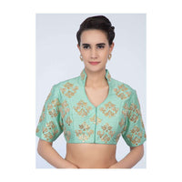 Sea Green Blouse In Raw Silk With Embroidered Butti In Floral And Bird Motif Online - Kalki Fashion