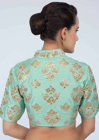 Sea Green Blouse In Raw Silk With Embroidered Butti In Floral And Bird Motif Online - Kalki Fashion