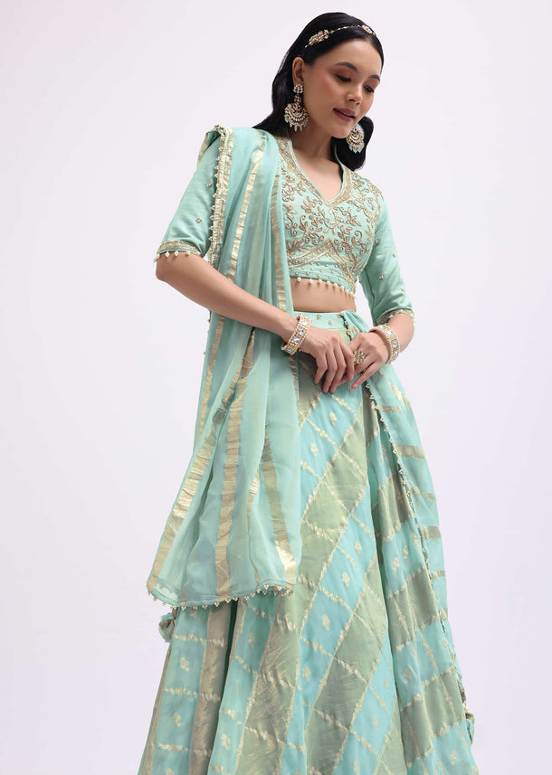 Sea Blue Embroidered Tussar Lehenga Choli Set