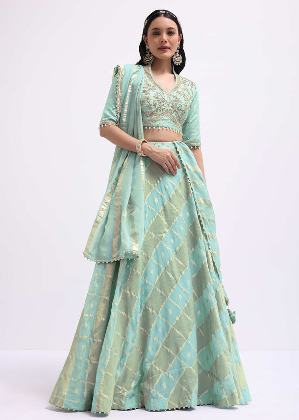 Sea Blue Embroidered Tussar Lehenga Choli Set