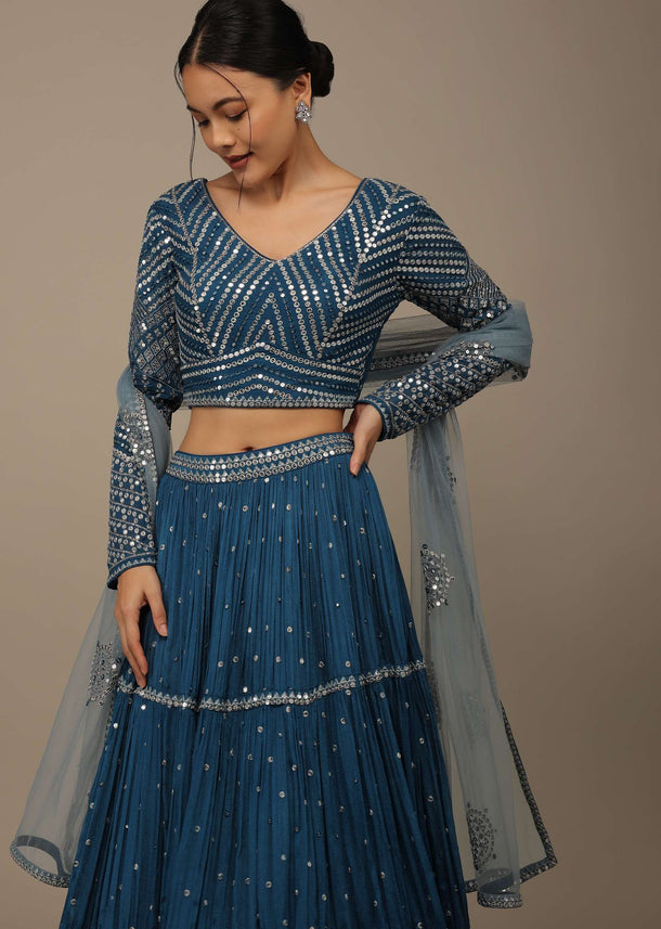 Sea Blue Festive Sequins Embroidered Lehenga Set In Chinon