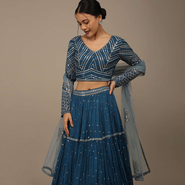 Sea Blue Festive Sequins Embroidered Lehenga Set In Chinon