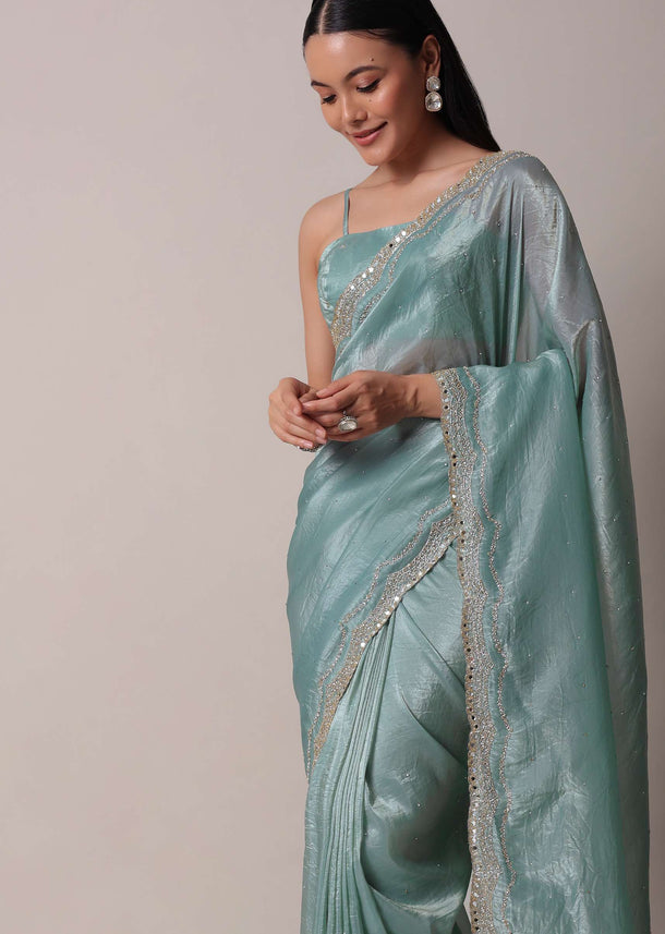 Sea Blue Tissue Saree With Mirror Work And Unstitched Blouse Piece