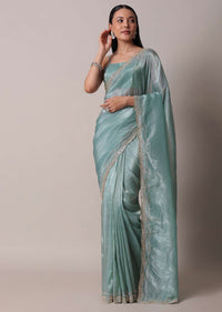 Sea Blue Tissue Saree With Mirror Work And Unstitched Blouse Piece