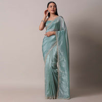 Sea Blue Tissue Saree With Mirror Work And Unstitched Blouse Piece