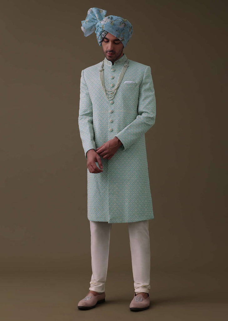 Sea Green Sherwani Set In Silk With Lucknowi Embroidery