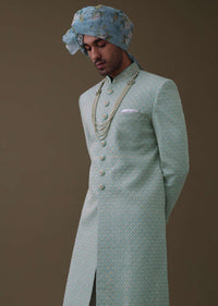 Sea Green Sherwani Set In Silk With Lucknowi Embroidery