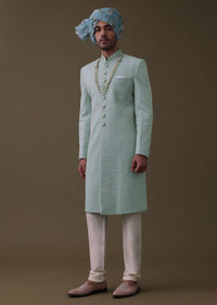 Sea Green Sherwani Set In Silk With Lucknowi Embroidery