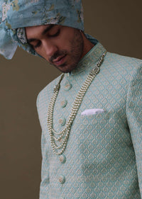 Sea Green Sherwani Set In Silk With Lucknowi Embroidery