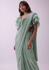 Sea Green Sequins Saree And Blouse With Organza Ruffle