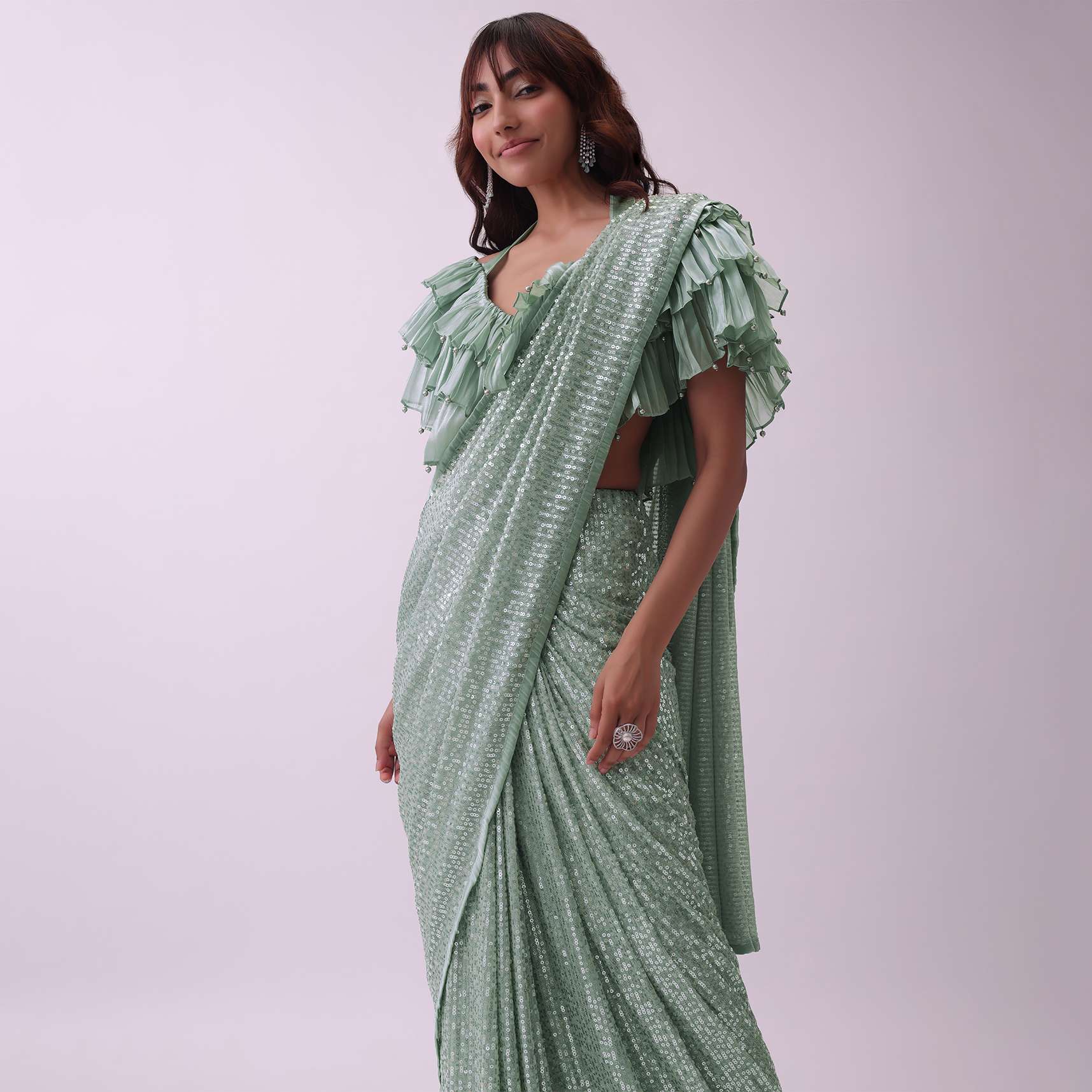 Sea Green Sequins Saree And Blouse With Organza Ruffle