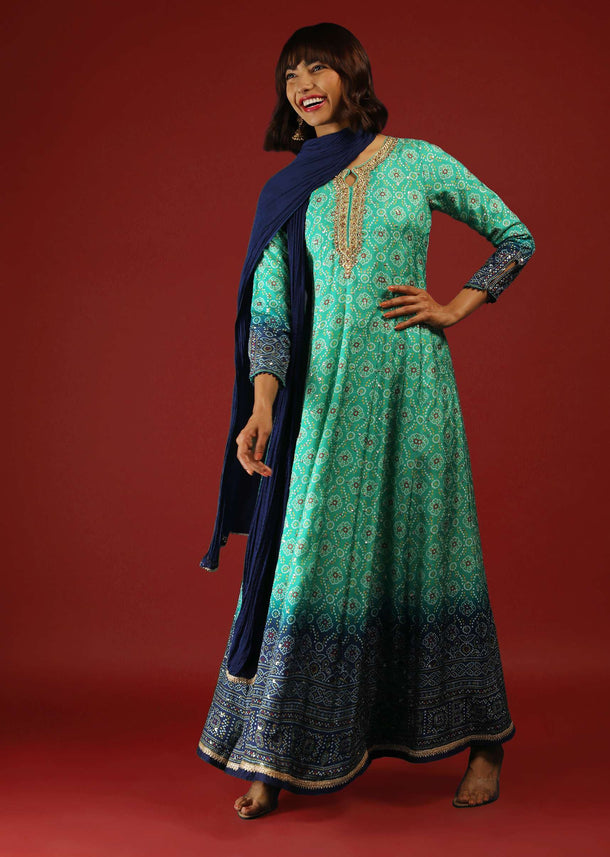 Sea Green And Cobalt Blue Shaded Anarkali Suit With Bandhani Print