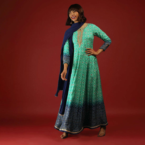 Sea Green And Cobalt Blue Shaded Anarkali Suit With Bandhani Print