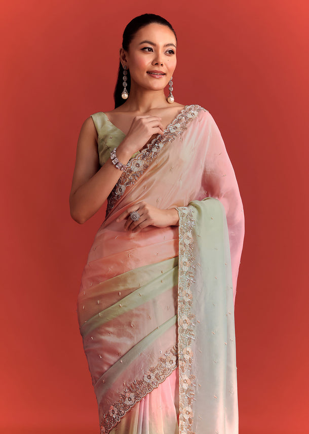 Sea Green And Light Pink Shaded Saree In Crepe Silk With Cutdana Embellishment